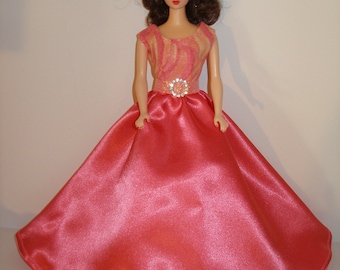 Handmade 11.5" fashion doll clothes -  glittery swirl coral bodice with satin skirt gown