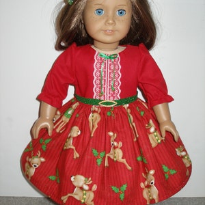 Handmade Dress for 18 inch doll clothes  -  Red and Green Reindeer print Christmas dress w/green shoes