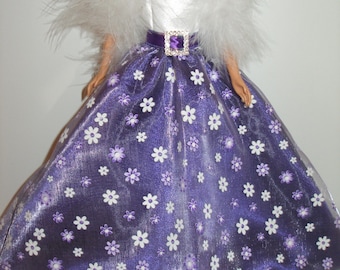 Handmade 11.5" fashion doll clothes  -  white satin bodice w/purple satin and floral organza overlay