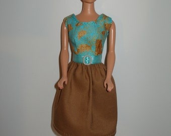 Handmade 11.5" fashion doll clothes  - Aqua and Brown Fall  Dress