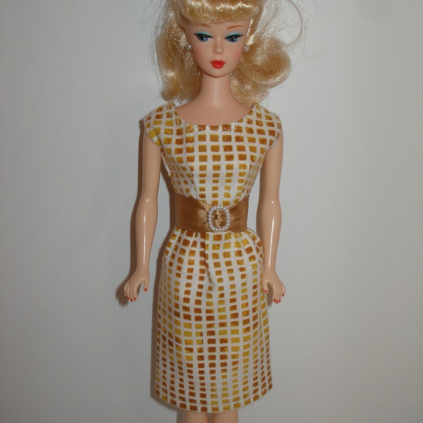 Handmade 11.5" fashion doll clothes - Cream and Golden Beige Print Sheath