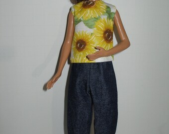 Handmade 10.5"  teen sister fashion doll fit Skipper clothes - yellow sunflower print top w/denim pants