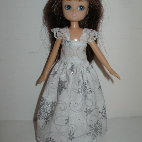 Handmade 7" doll clothes for Lottie - glittery snowflake print gown - your choice - red, blue or white