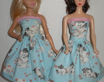 Handmade 11.5" Fashion doll clothes - Regular or full figure - blue puppies and kittens print dress
