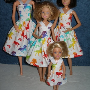 Handmade Fashion doll clothes -- Sister set of 4 or indivicual sizes - White w/ rainbow color unicorns dresses