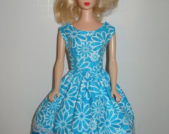 Handmade 11.5" fashion doll clothes -   Turquoise Blue and White Sketched Daisy Print Dress w/blue hemline
