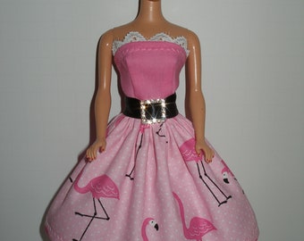 Handmade 11.5" fashion doll clothes - Pink Flamingo Print Dress