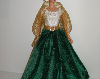 Handmade 11.5"  -  white and glittery gold print cotton bodice with glittery green velveteen skirt and glittery gold organza stole
