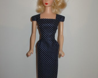 Handmade 11.5" fashion doll Barbie sheath - vintage style black,  or navy and white pin dot