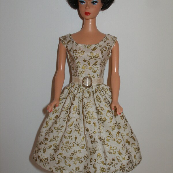 Handmade 11.5" fashion doll clothes -  Cream and Gold Christmas Print Dress