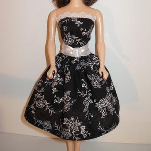 Handmade 11.5&quot; fashion doll clothes -  Black and White Strapless Rose Print Dress