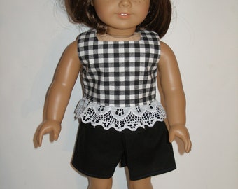 Short set for 18 inch doll - Black and white Plaid Short Set w/Black Sandals