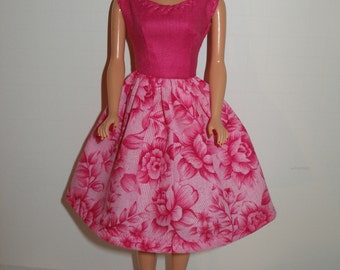 Handmade 11.5 fashin doll clothes - pink floral print dress with hot pink bodice