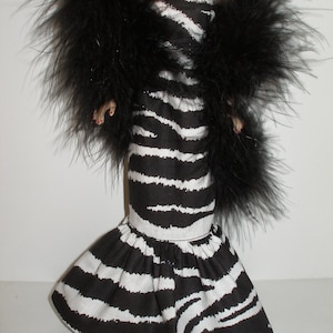 Handmade 11.5&quot; fashion doll clothes - black and white zebra print gown w/black boa