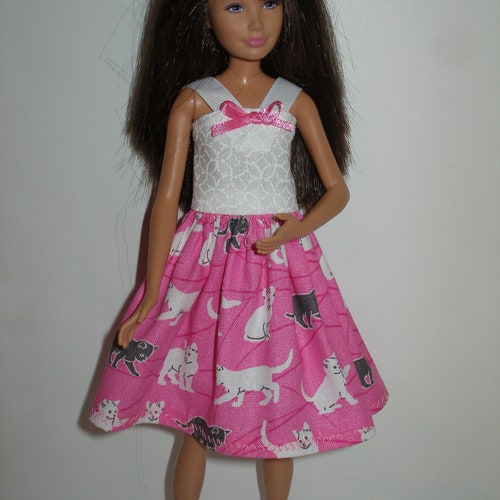 Handmade 11.5" fashion doll and sisters clothes - 4 fashion doll sisters pink white/black cats print dresses