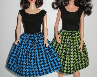 Handmade 11.5" fashion doll clothes - black and green or blue houndstooth print dress