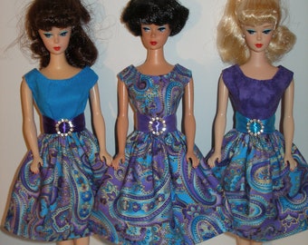 Handmade 11.5" fashion doll clothes - Purple and Turquoise Paisley Print Dress - choice of bodice