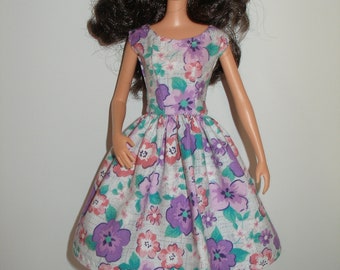 Handmade 11.5" fashion doll clothes - gray and purple floral print cotton dress