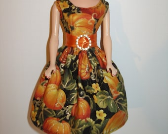 Handmade 11.5" fashion doll - Glittery Pumpkin Harvest Print Dress