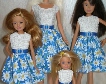 Handmade 11.5" fashion doll and sisters clothes - 4 fashion doll sisters blue and white daisy dresses