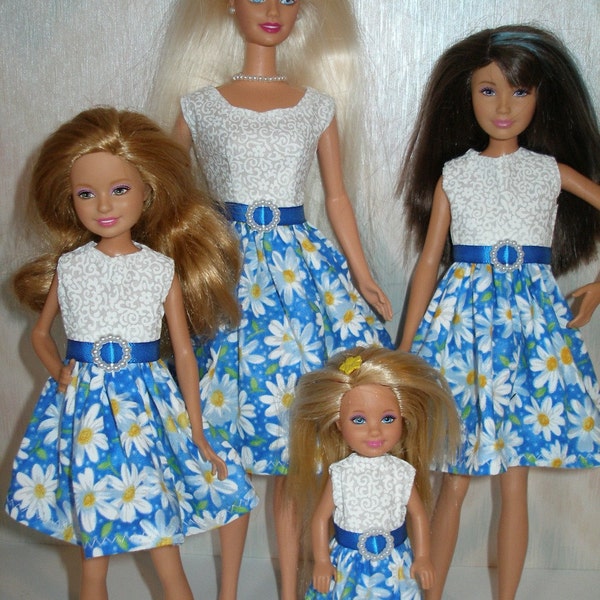 Handmade 11.5" fashion doll and sisters clothes - 4 fashion doll sisters blue and white daisy dresses