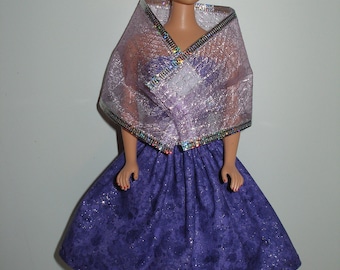 Handmade 11.5 " Fashion doll clothes - Glittery Purple Cotton Dress w/plaid wrap