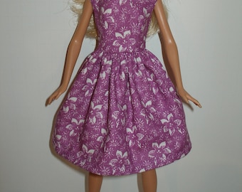Handmade 11.5" fashion doll clothes -   purple and white floral print cotton dress