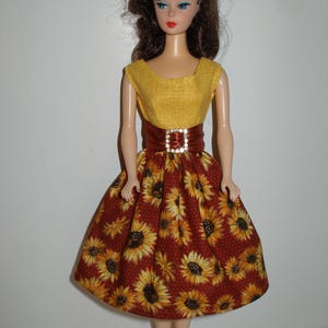 Handmade 11.5&quot; fashion doll clothes - Yellow Bodice/Rust and Golden Yellow Sunflowers Floral Print Dress