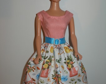 Handmade 11.5" fashion doll clothes - Peach w/Bicycles and Watering Cans Floral Print Skirt Dress