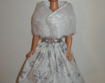 Handmade 11.5" fashion doll clothes  -  White and Glittery Silver Snowflake dress  w/Stole