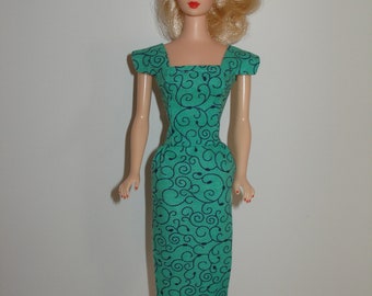 Handmade 11.5" fashion doll clothes - aqua and navy vine print vintage style sheath