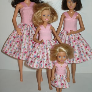 Handmade 11.5&quot; fashion doll and sisters clothes - 4 fashion doll sisters Pink Rose Stripe print dresses