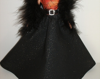 Handmade 11.5" fashion doll clothes -  glittery orange and black spiderweb bodice with glittery black cotton skirt gown w/black boa