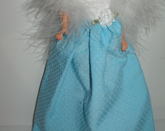 Handmade 11.5" fashion doll clothes - white lace bodice w/blue dotted swiss skirt gown and white boa