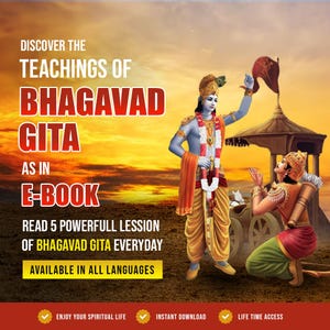 May include: Digital artwork promoting the Bhagavad Gita e-book. The image features illustrations of Krishna and Arjuna, with text overlayed in red and yellow, including "Discover the Teachings of Bhagavad Gita". The background is a sunset.