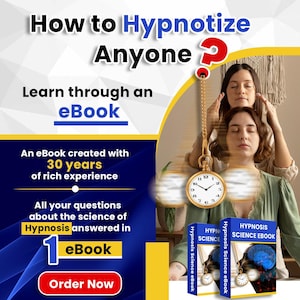 May include: Promotional image for an eBook on hypnosis. The title reads "How to Hypnotize Anyone." The image features two women, a pendulum, and two copies of the "Hypnosis Science eBook." The text highlights 30 years of experience and promises answers to hypnosis questions.
