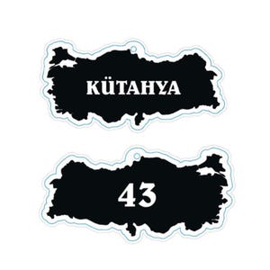 May include: Two black and white outline maps of Turkey. The top map has the word "KÜTAHYA" written in white. The bottom map has the number "43" written in white.
