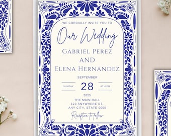 Blue Talavera Bilingual Wedding Invitation, Digital Editable Printable
