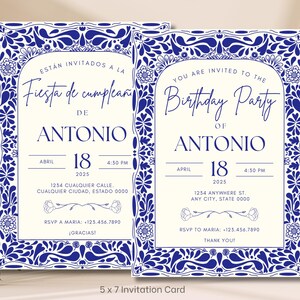 Blue Talavera Birthday Invitation, Bilingual English + Spanish Birthday Invitation, Editable Printable Instant Download Papel Picado Invite