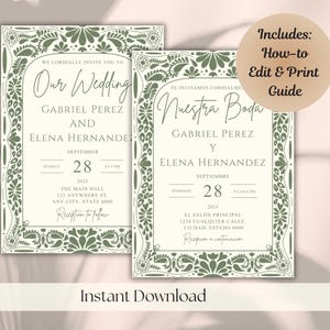 Green Talavera Mexican Wedding Invite Template, Editable Printable Digital Invite, Instant Download, Bilingual Wedding Invitation Canva Edit