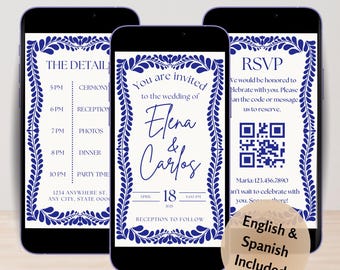 Hand-Drawn Talavera Wedding Invitation, Bilingual Mobile Evite (Digital Template)