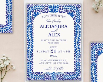 Blue Talavera Wedding Invitation Template: Bilingual Printable (Canva Edit, Digital Download)