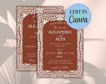 Terracotta Talavera Wedding Invitation Template: Bilingual Printable (Canva Downloadable)