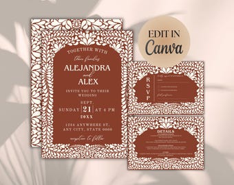 May include: A wedding invitation suite in terracotta and white, featuring floral patterns. The main invitation card displays the names Alejandra and Alex, wedding details, and an address. RSVP and details cards are also included. The text "Edit in Canva" is visible.