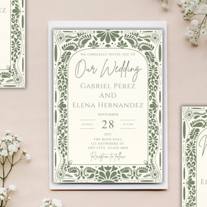 Green Talavera Bilingual Wedding Invitation, Digital Editable Printable