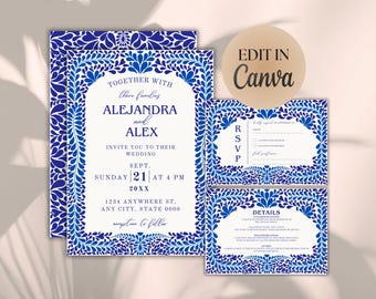 Lot de faire-part de mariage Talavera bleu : faire-part mexicain dessiné à la main (téléchargement numérique, modèles imprimables modifiables)