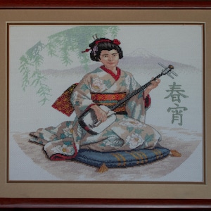 Spring in Kyoto. Handmade Cross Stitch. Japanese Geisha with Shamisen. Framed Original Art