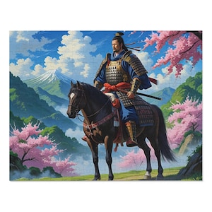 Samurai on Horseback Jigsaw Puzzle with Tin, Sengoku Era Armor, Nature Contrast, Gift for Puzzle Lovers, Relaxing Activity, Japanese Warrior