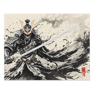 Samurai Warrior illustration Jigsaw Puzzle with Tin | Sword, Ink Brush Stroke