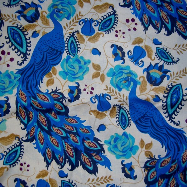 Floral fabricwith peacocks in shades of blue bird flowers cotton quilt quilting sewing material to sew crafting by the yard